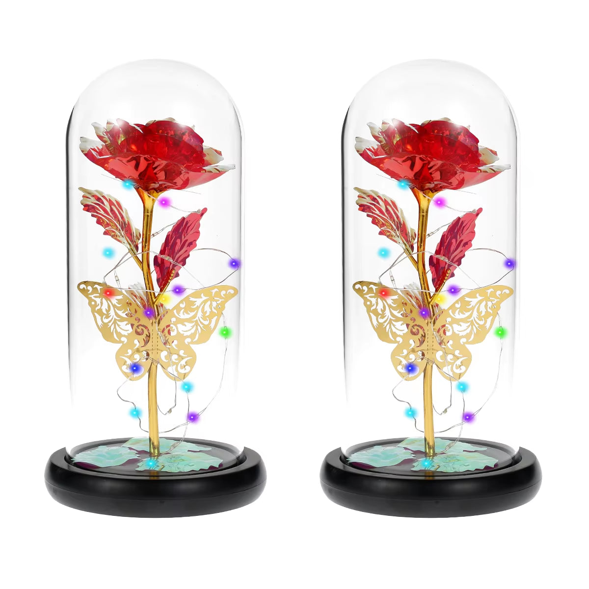 Rose Light Artificial Galaxy Rose Lamp with Butterfly and Colorful LED Rose Flowers in Glass Battery Powered Gifts for Wedding