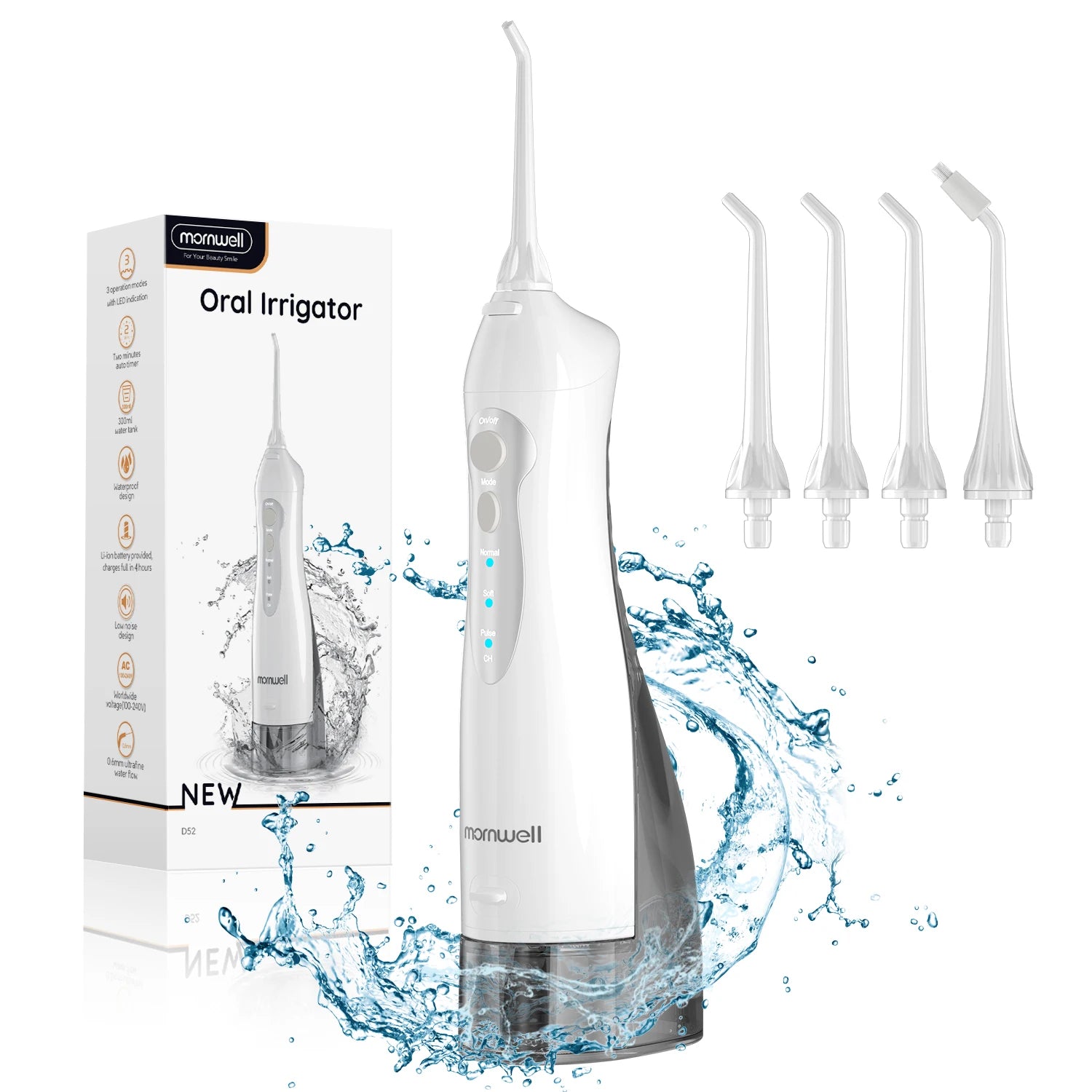 Oral Irrigator D52 Portable Dental Water Flosser USB Rechargeable Water Jet Floss Tooth Pick 4 Jet Tip 300Ml 3 Modes Teeth Clean