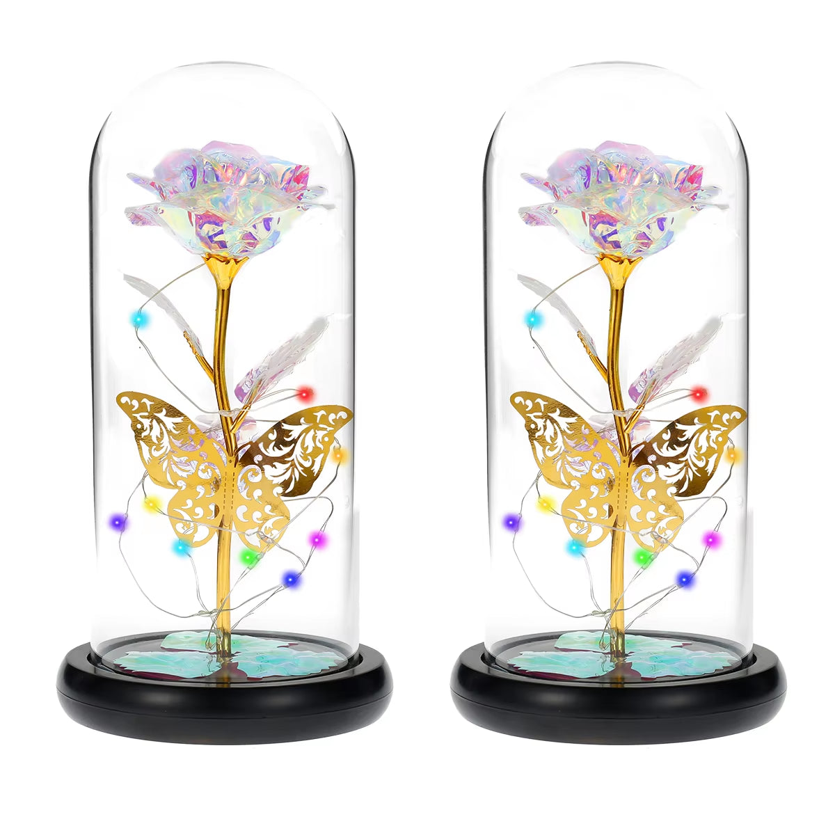 Rose Light Artificial Galaxy Rose Lamp with Butterfly and Colorful LED Rose Flowers in Glass Battery Powered Gifts for Wedding