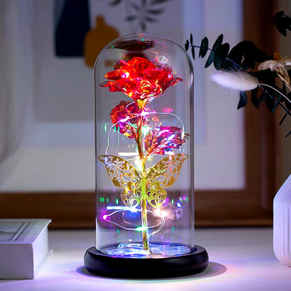 Rose Light Artificial Galaxy Rose Lamp with Butterfly and Colorful LED Rose Flowers in Glass Battery Powered Gifts for Wedding