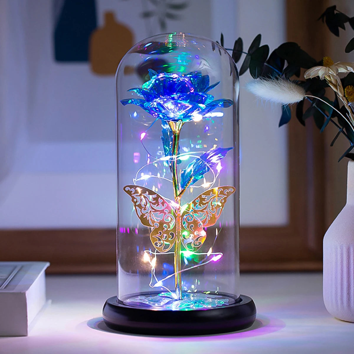 Rose Light Artificial Galaxy Rose Lamp with Butterfly and Colorful LED Rose Flowers in Glass Battery Powered Gifts for Wedding