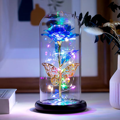 Rose Light Artificial Galaxy Rose Lamp with Butterfly and Colorful LED Rose Flowers in Glass Battery Powered Gifts for Wedding